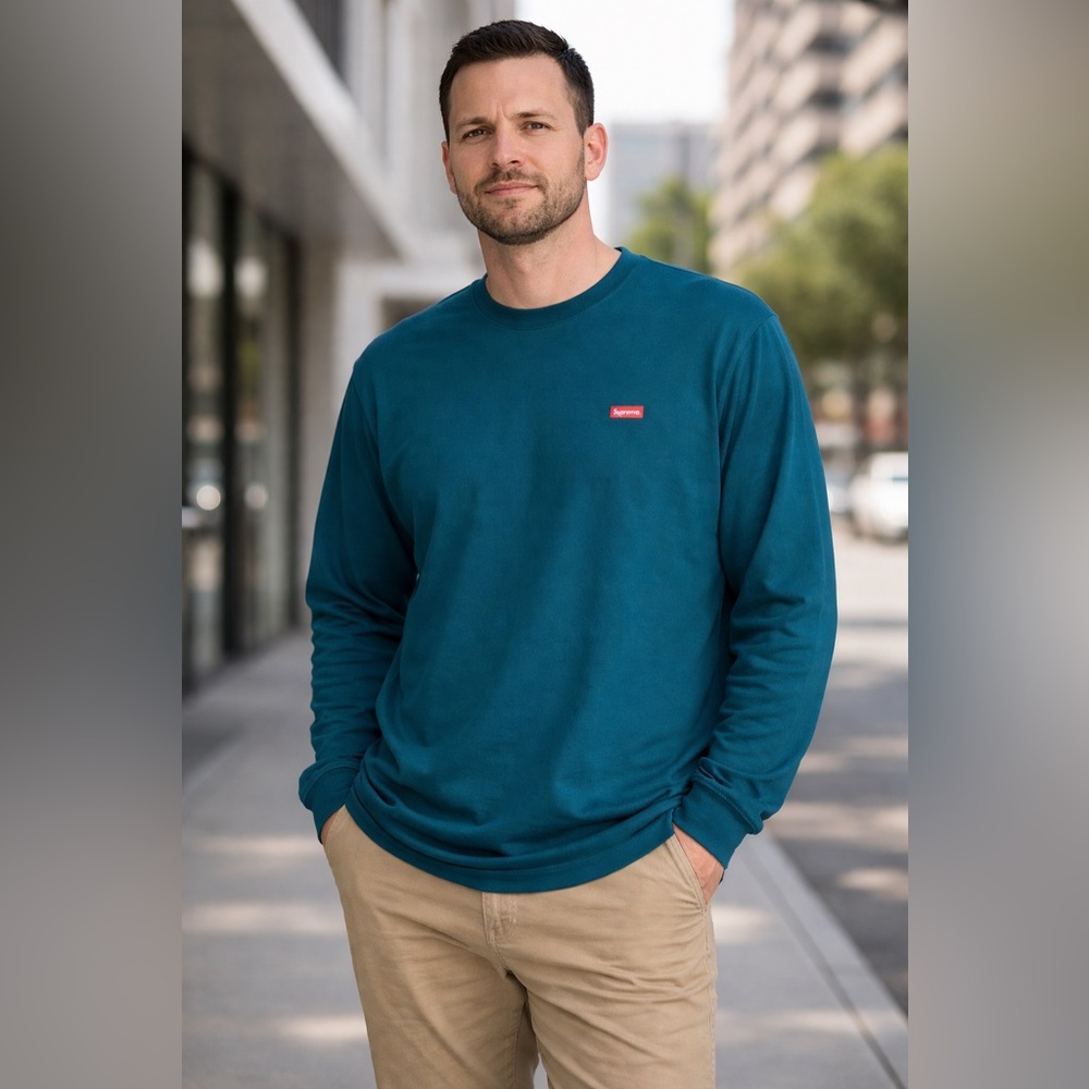 Supreme Small Box Logo Long Sleeve T-Shirt Teal Green Size Large L 100% Cotton